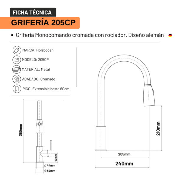 Griferia Cocina Monocomando Acero Inoxidable con Rociador - Imagen 2