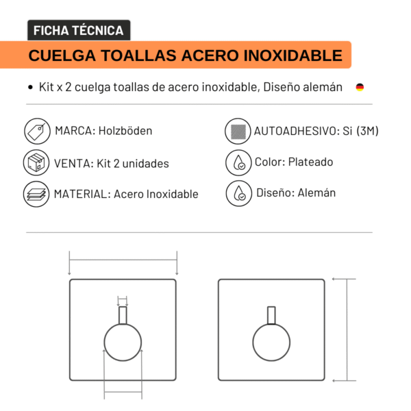 Kit 2 Cuelga toallas de acero inoxidable Autoadhesivos - Imagen 3